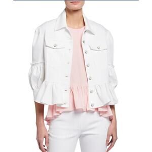 CINQ A SEPT Lizzie Puff Sleeve Peplum Denim Jacket in White Size 2